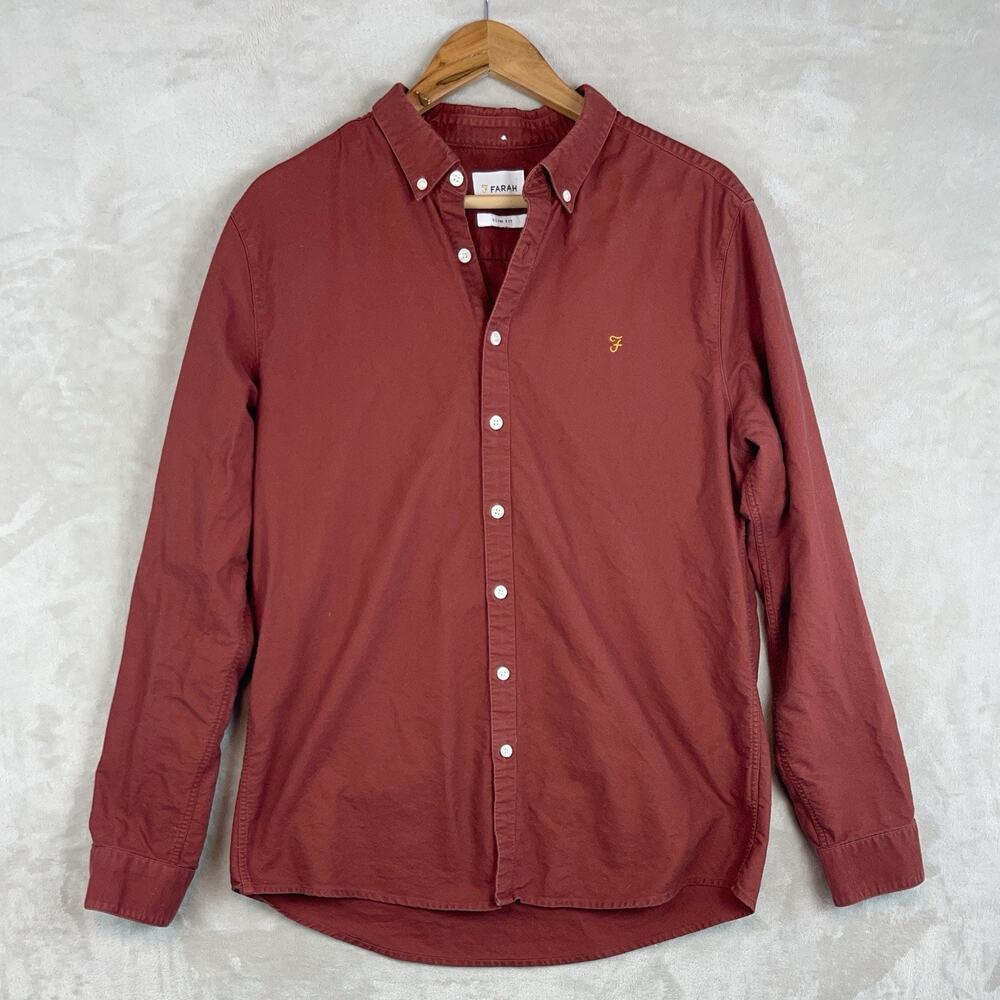 Farah Brewer Slim Fit Oxford Cotton Shirt Terracota Men's XL Dark Academia